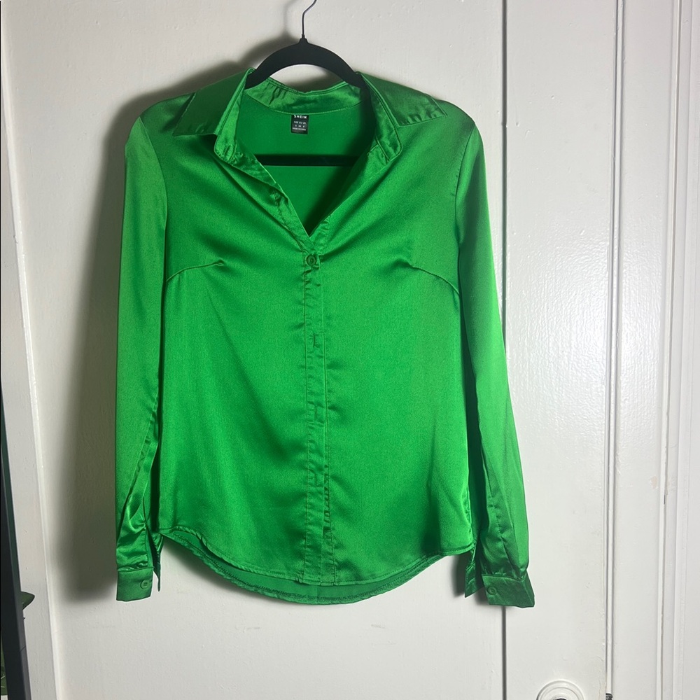 Green Satin Button-Down Blouse